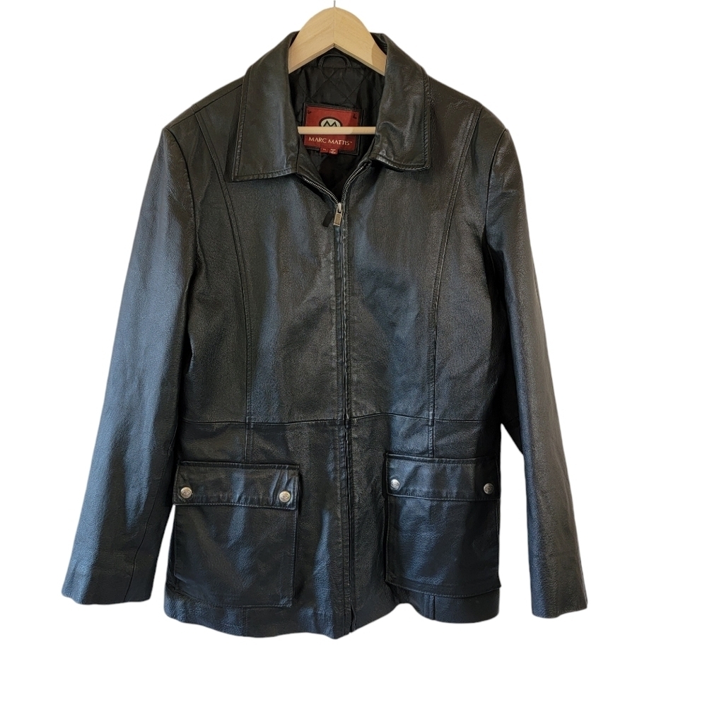 VTG MARC MATTIS Black Genuine Leather Full-Zip Jacket XL Pocket Goth Grunge